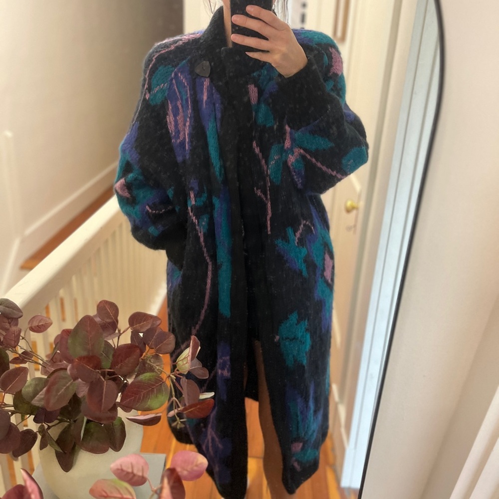 Vintage Colorful Knit Long Sweater Coat with Black Button - Picture 6 of 6